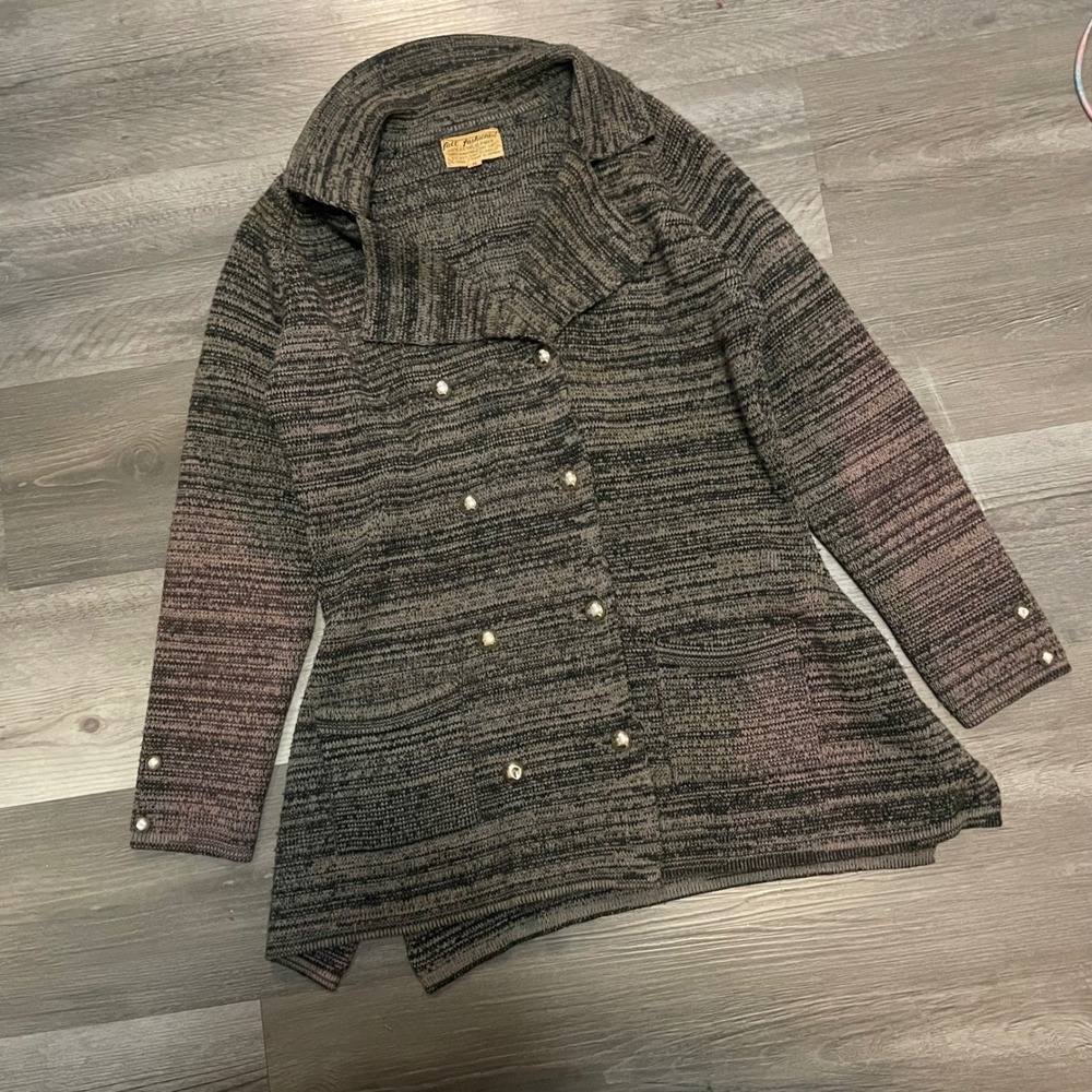Vintage Full Fashioned Marled Knit Cardigan Double Breasted Gray Black Med 40s